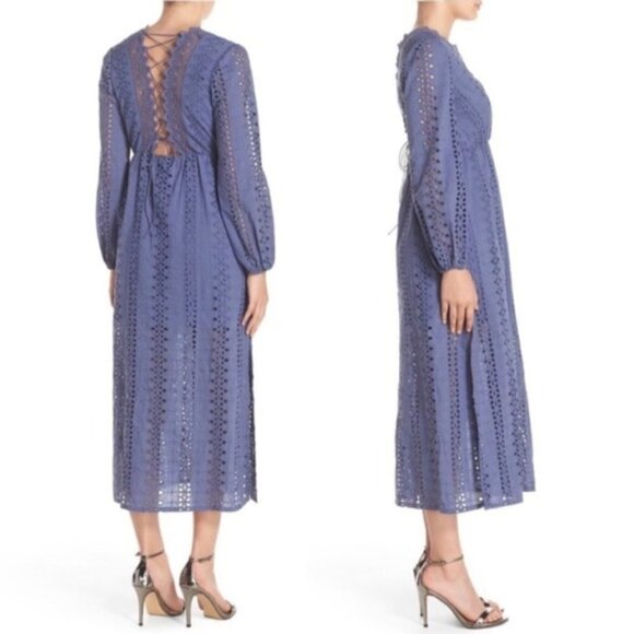 BARDOT Blue Eyelet Long Sleeve Maxi Dress US 6. - Picture 1 of 11